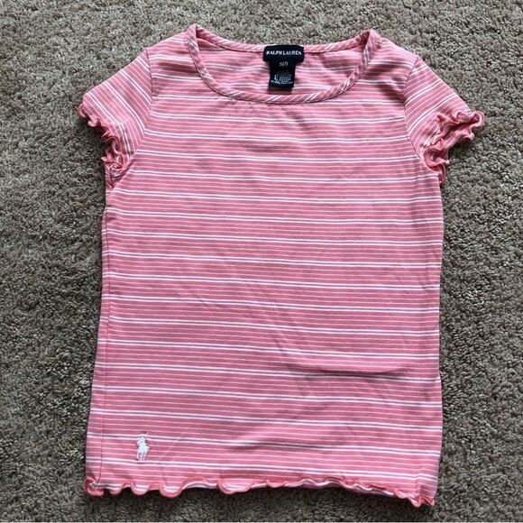 Ralph Lauren T-Shirt Girls Small Pink Stripe Lettuce Edge Cotton - Picture 1 of 6